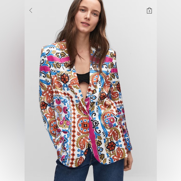 Mango Satin Printed Paisley Blazer Jacket - Multicolor